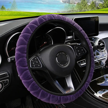 Purple pressed flower short fur plush steering wheel cover on Mercedes – universal fit 14.5-15 inch