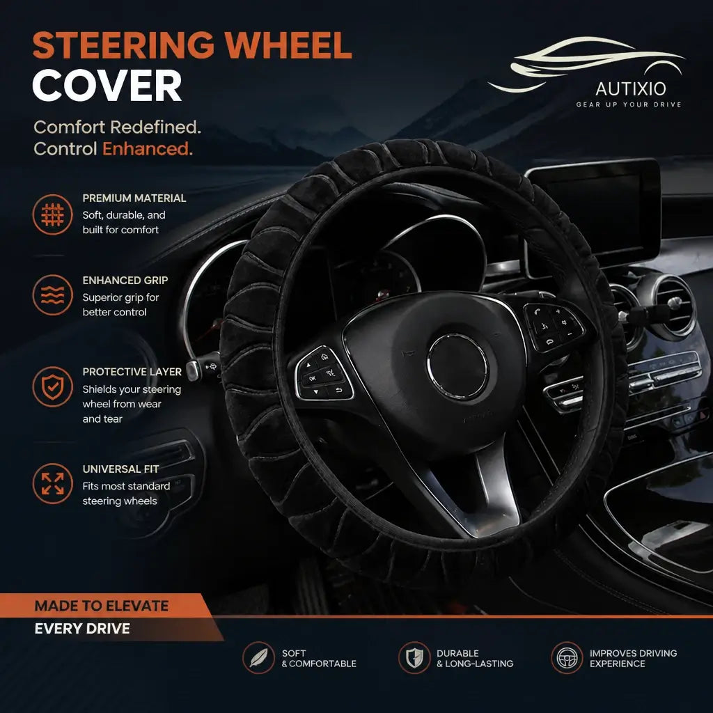 Pressed flower short fur plush steering wheel cover – premium grip protective sleeve fits 14.5-15 inch wheels