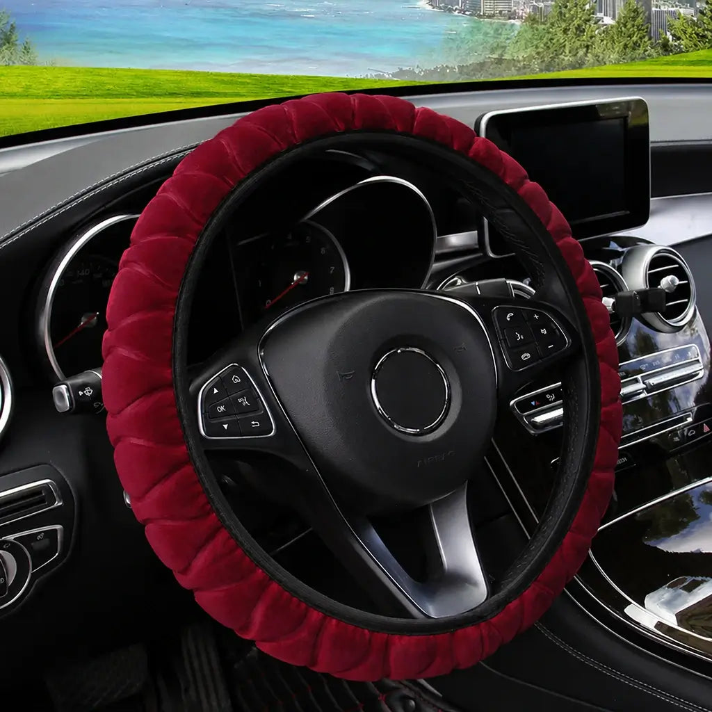 Wine red pressed flower short fur plush steering wheel cover on Mercedes – universal fit 14.5-15 inch