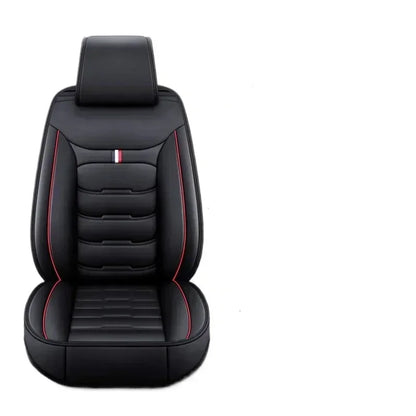 Black and red PU leather car seat cover shown from the front on white background
