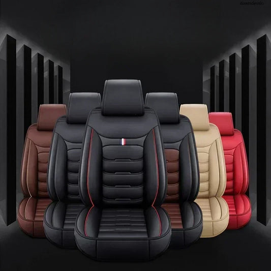PU leather car seat covers in multiple color options arranged in a showroom display