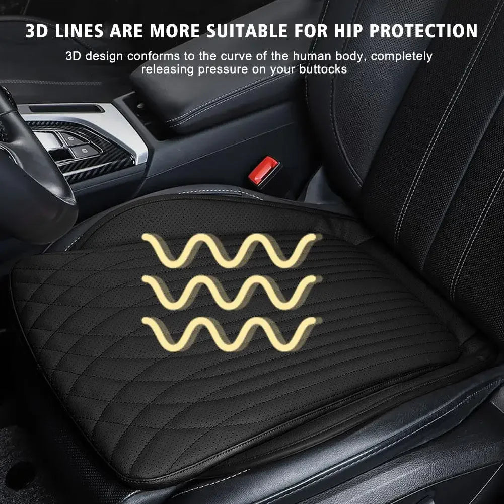 Black PU leather seat cushion with 3D hip support contour on driver seat