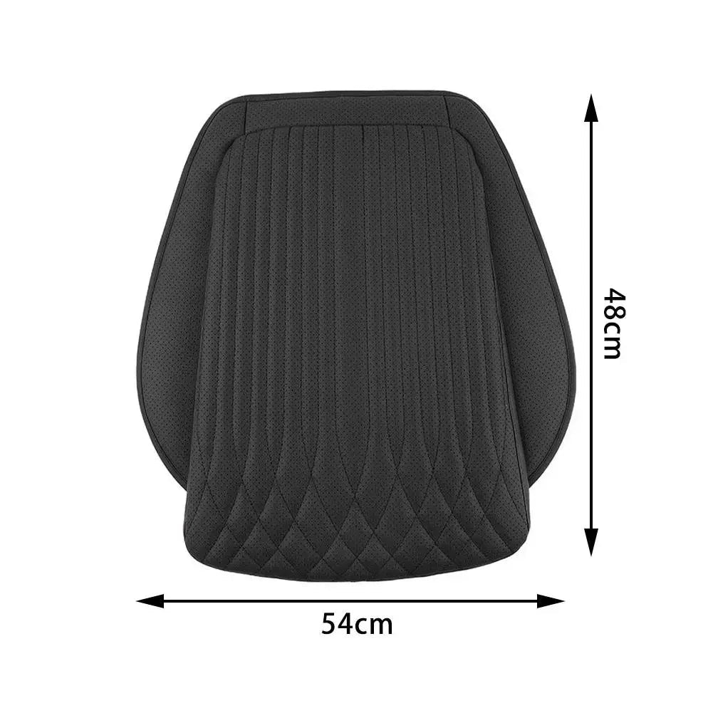 Black PU leather car seat cushion flat lay showing 54x48cm dimensions