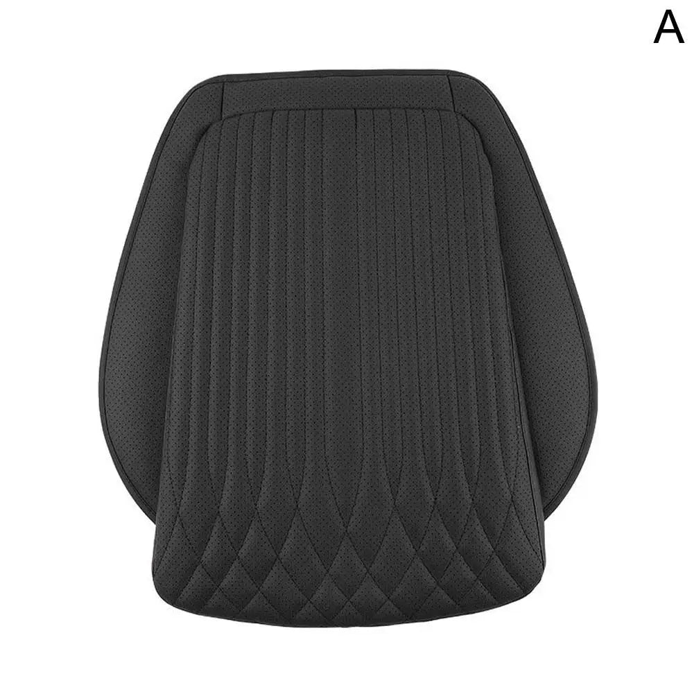 Black PU leather car seat cushion flat lay with perforated surface and diamond stitch