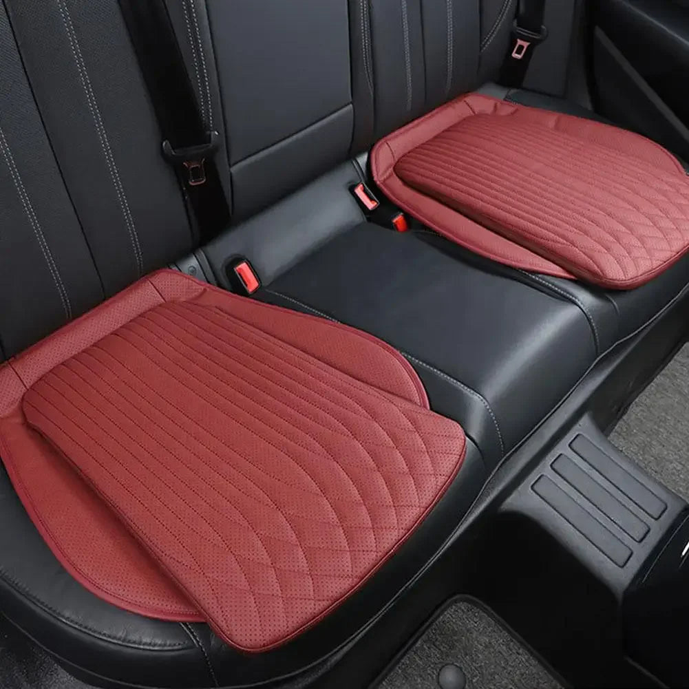 Red wine PU leather seat cushions on rear car seat, pair installed side by side
