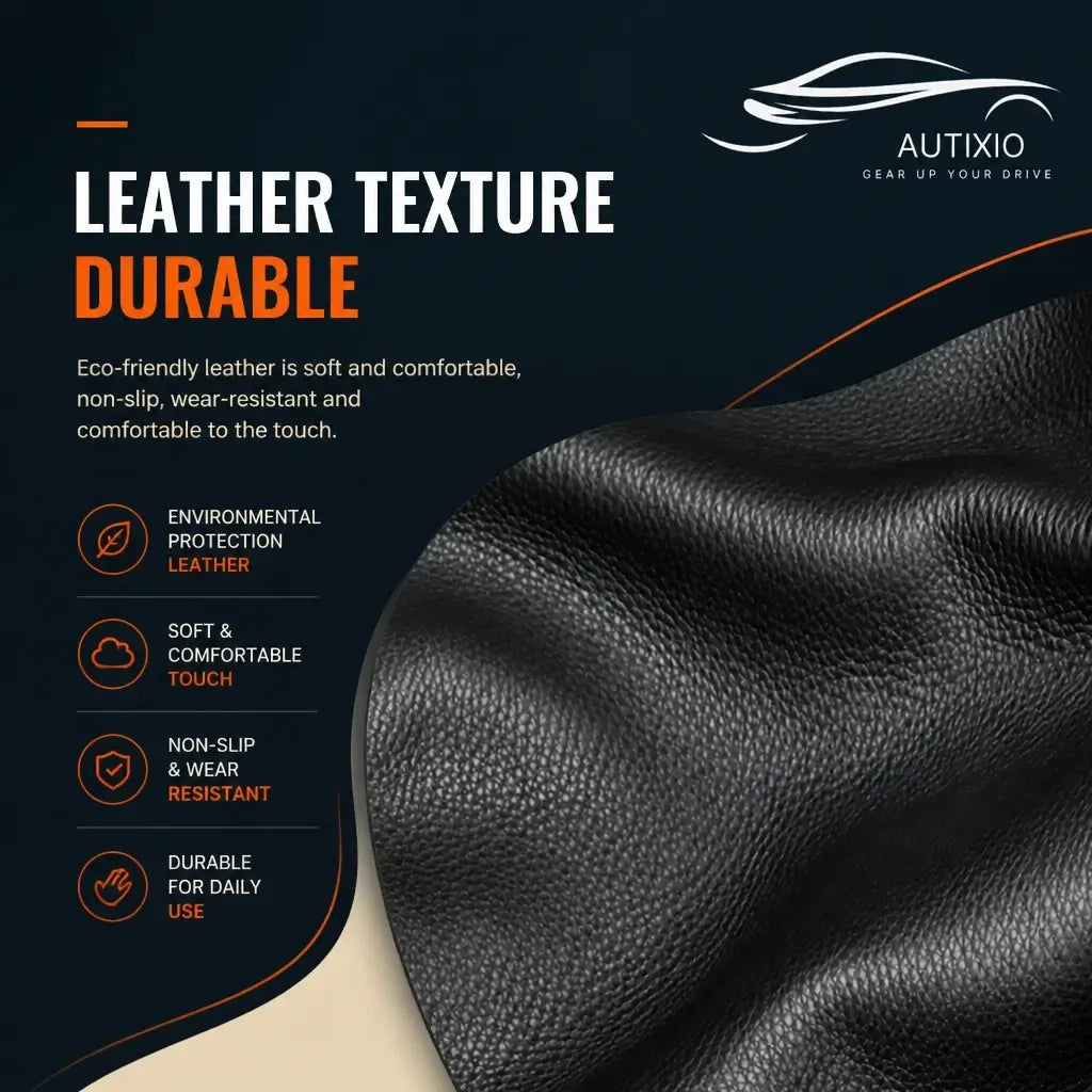 Close-up of black pebbled PU leather gear shift cover material showing eco-friendly leather texture soft comfortable touch non-slip wear resistant and durable for daily use