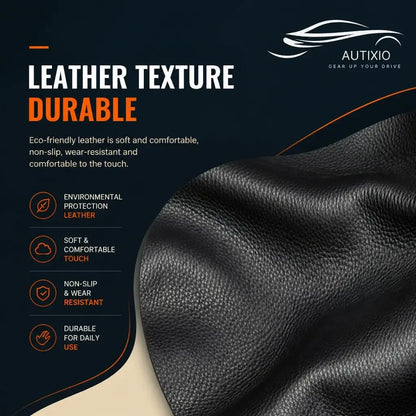 Close-up of black pebbled PU leather gear shift cover material showing eco-friendly leather texture soft comfortable touch non-slip wear resistant and durable for daily use