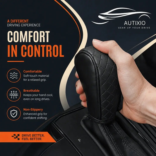 Hand gripping black quilted PU leather gear shift cover showing comfortable soft-touch material breathable design and non-slippery enhanced grip for confident shifting