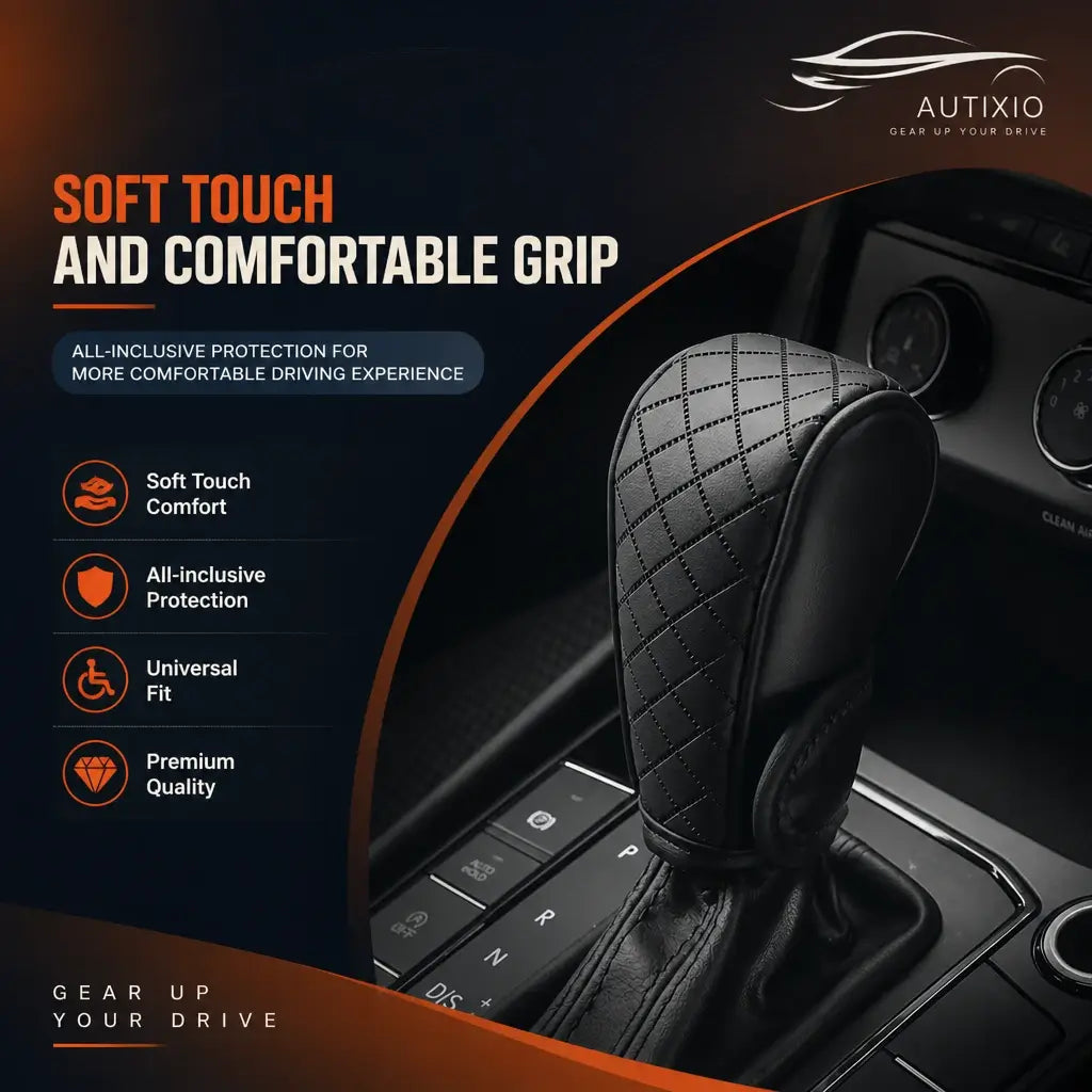 Black quilted PU leather gear shift cover on automatic gear lever showing soft touch comfort all-inclusive protection universal fit and premium quality features