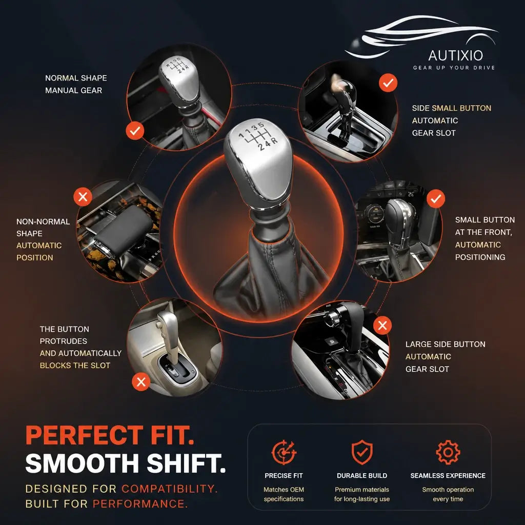 PU leather gear shift cover compatibility diagram showing compatible gear types: normal manual side button automatic and front button automatic; not compatible with non-normal automatic large side button and protruding button styles