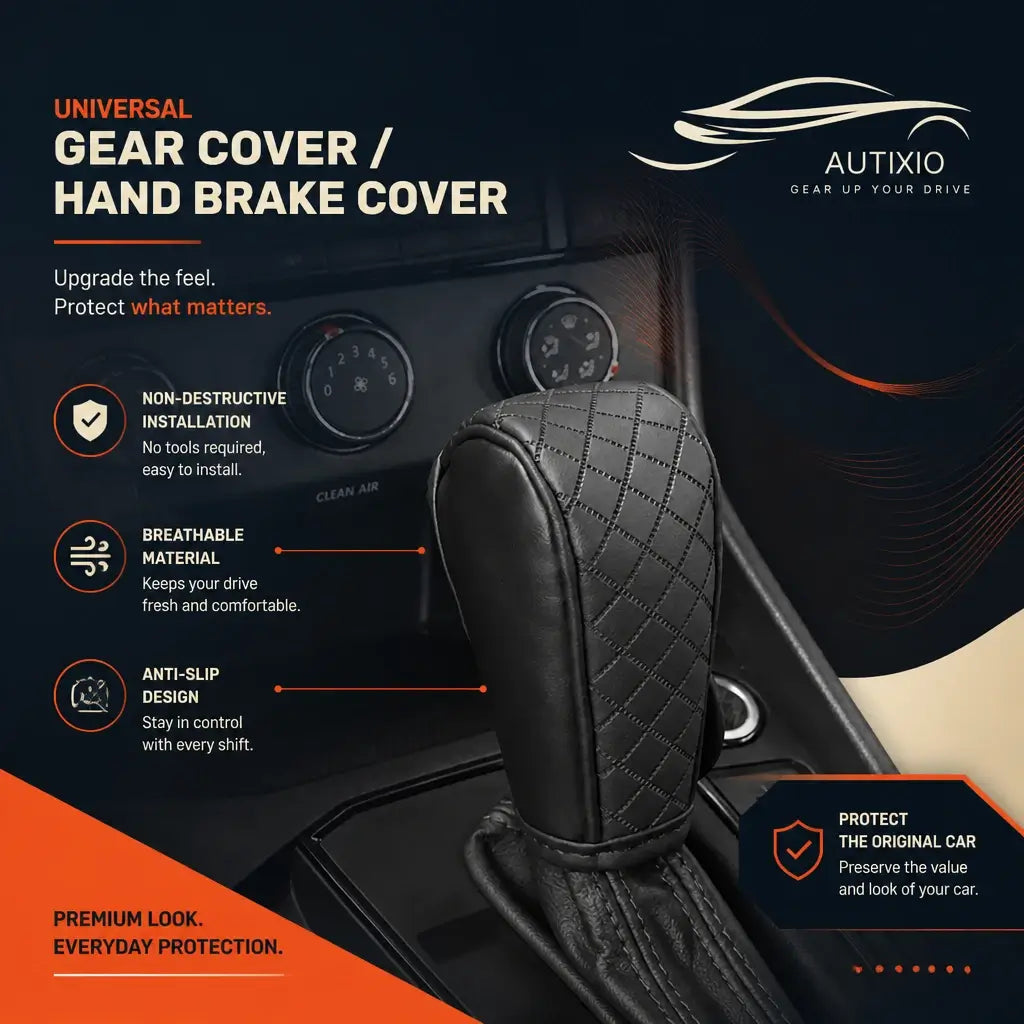 Black quilted PU leather gear shift gaiter cover installed on car center console showing non-destructive no-tool installation breathable material anti-slip design and original car protection