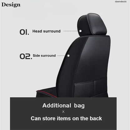 PU leather car seat cover back view showing headrest, side surround, and rear storage pocket