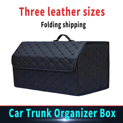 PU leather car trunk organizer box – black quilted foldable storage with carry handle