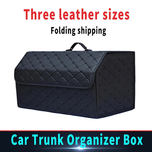 PU leather car trunk organizer box – black quilted foldable storage with carry handle