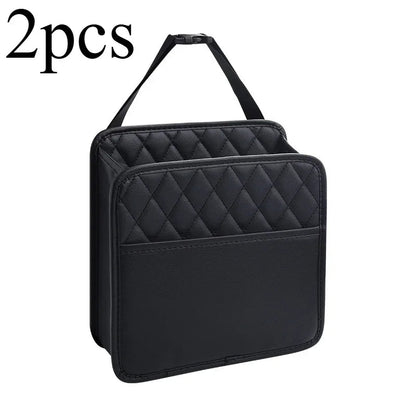 Two-pack black PU leather car seat back organizers with adjustable hanging straps – product shot