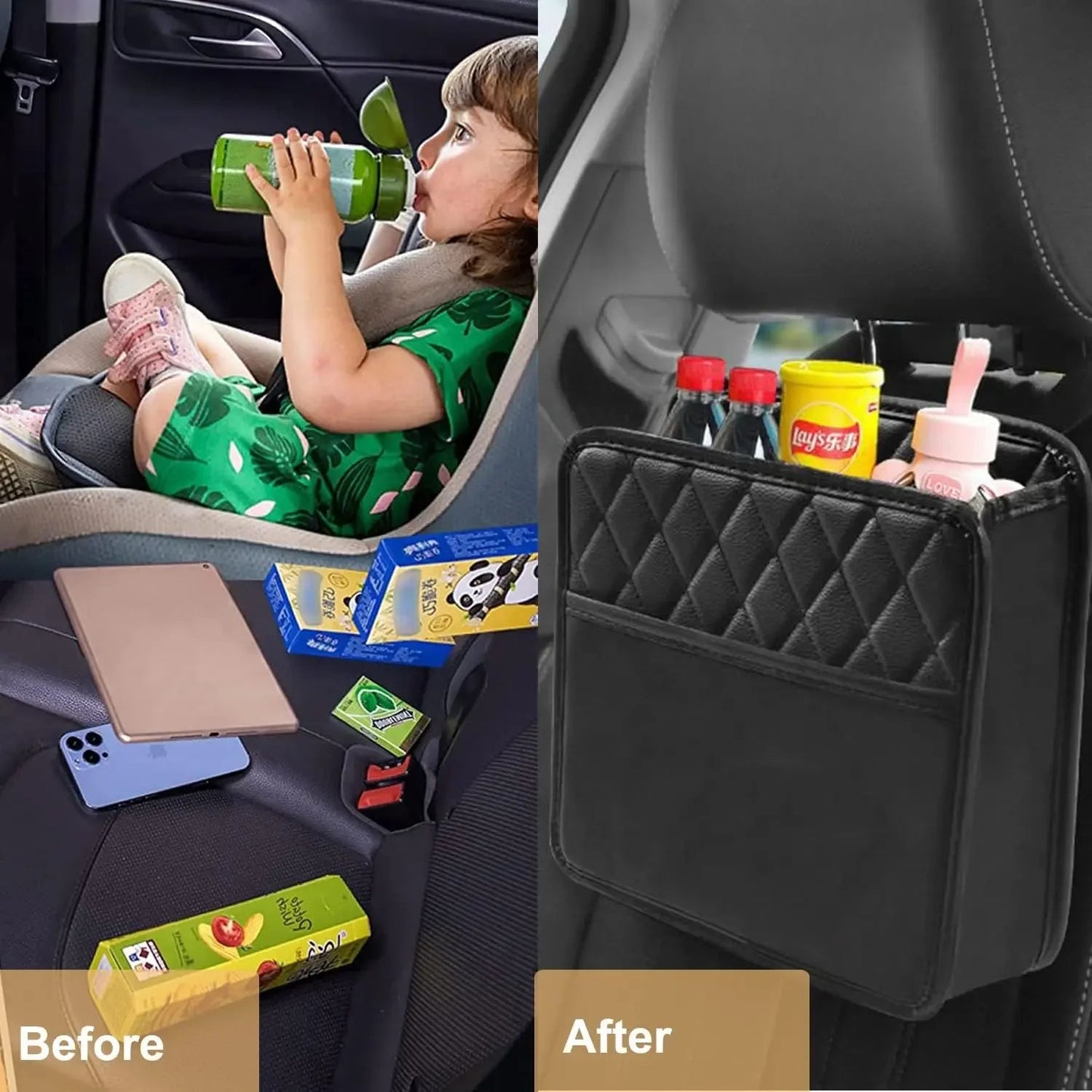 Before and after – scattered items on car backseat vs. seat back organizer holding snacks and drinks