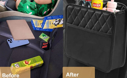 Before and after comparison – messy car seat vs. seat back organizer storing snacks and drinks