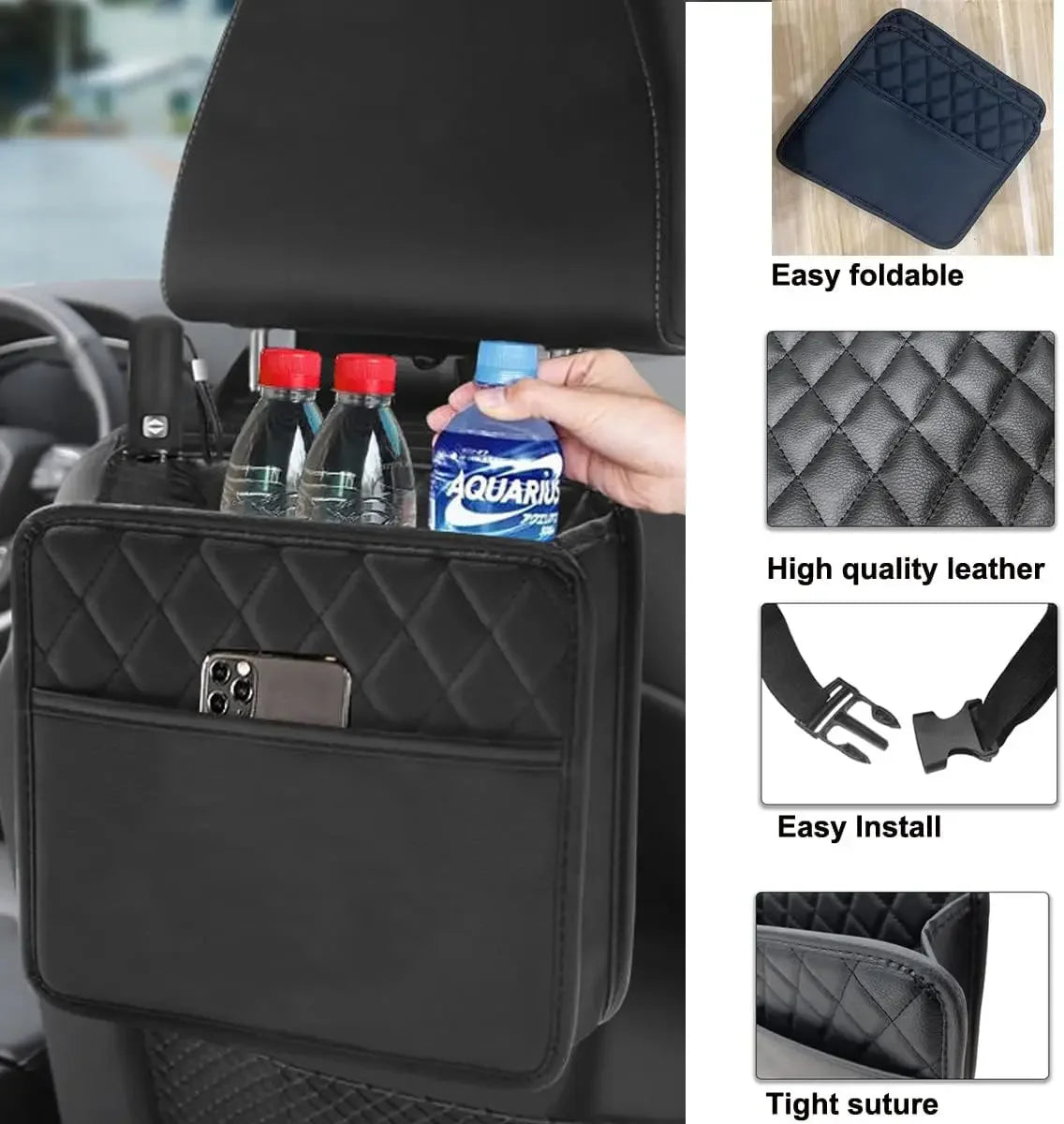 Seat back organizer feature collage – foldable design, PU leather texture, buckle strap, stitching