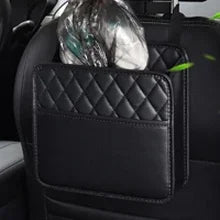 PU leather car seat back organizer holding grocery bag hanging on car headrest