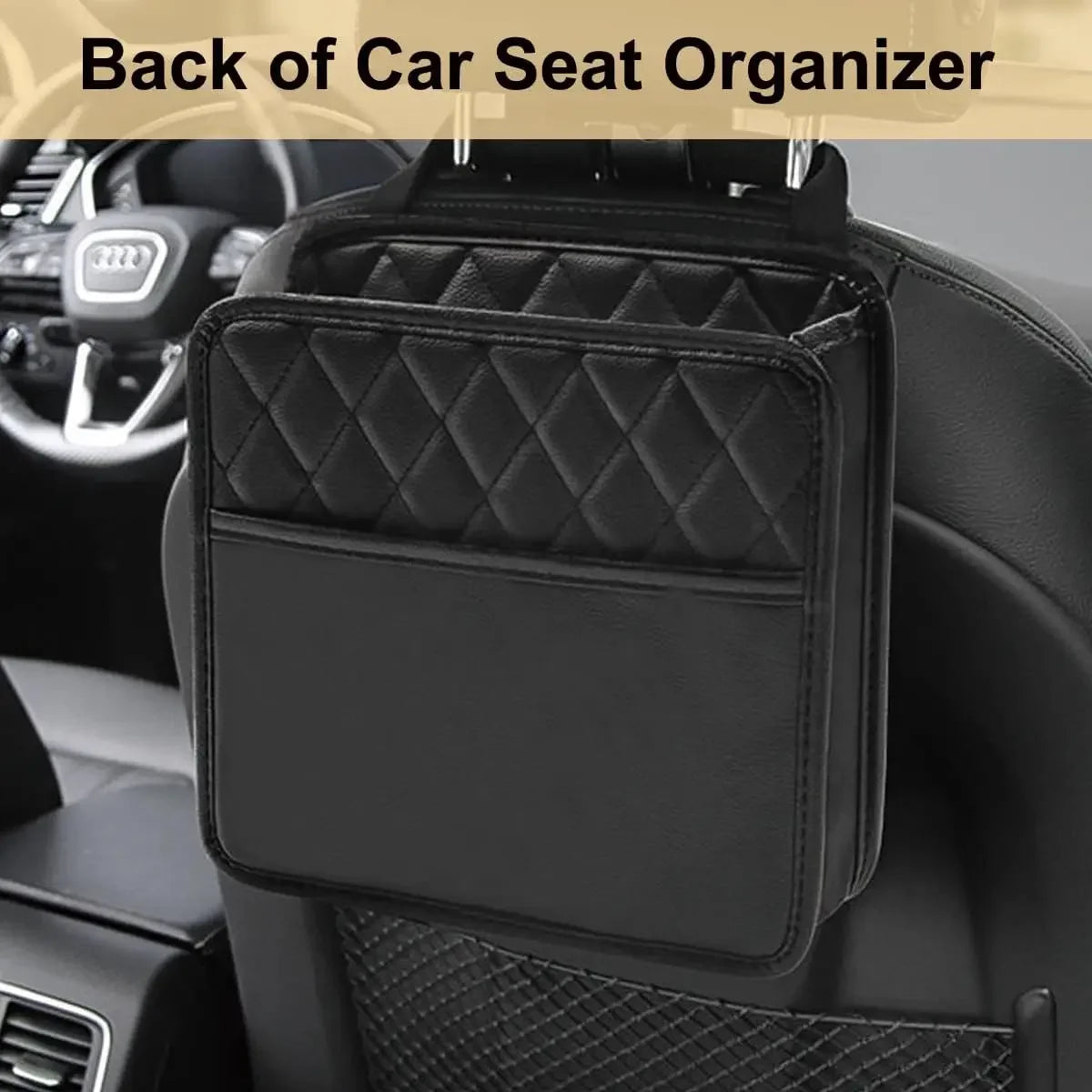 Black PU leather seat back organizer hanging on car headrest with large front pocket empty