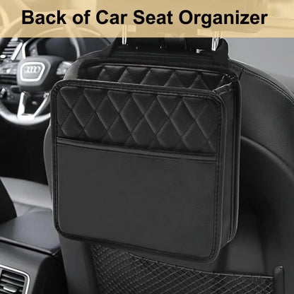 Black PU leather seat back organizer hanging on car headrest with large front pocket empty