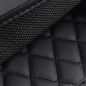 Close-up of quilted PU leather exterior and inner fabric lining of seat back organizer