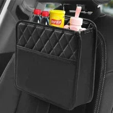 PU leather car seat back organizer mounted on headrest holding drinks and snacks – front view