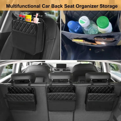 Seat back organizer collage – interior storage view and three units mounted across all rear seats