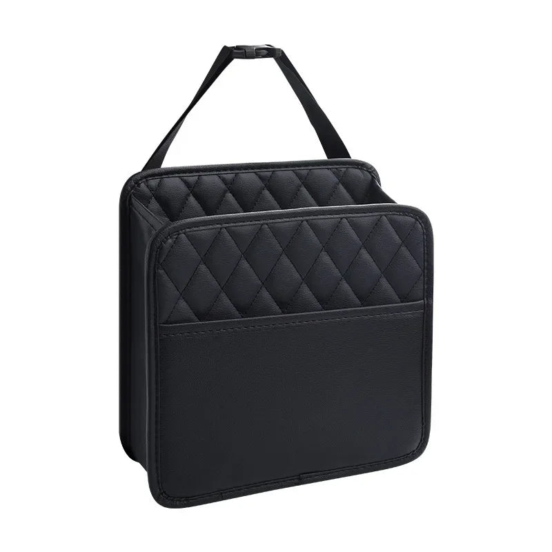 Single black PU leather car seat back organizer with adjustable hanging strap – product shot