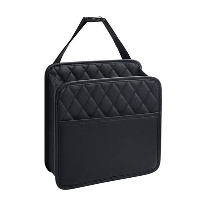 Single black PU leather car seat back organizer with adjustable hanging strap – product shot