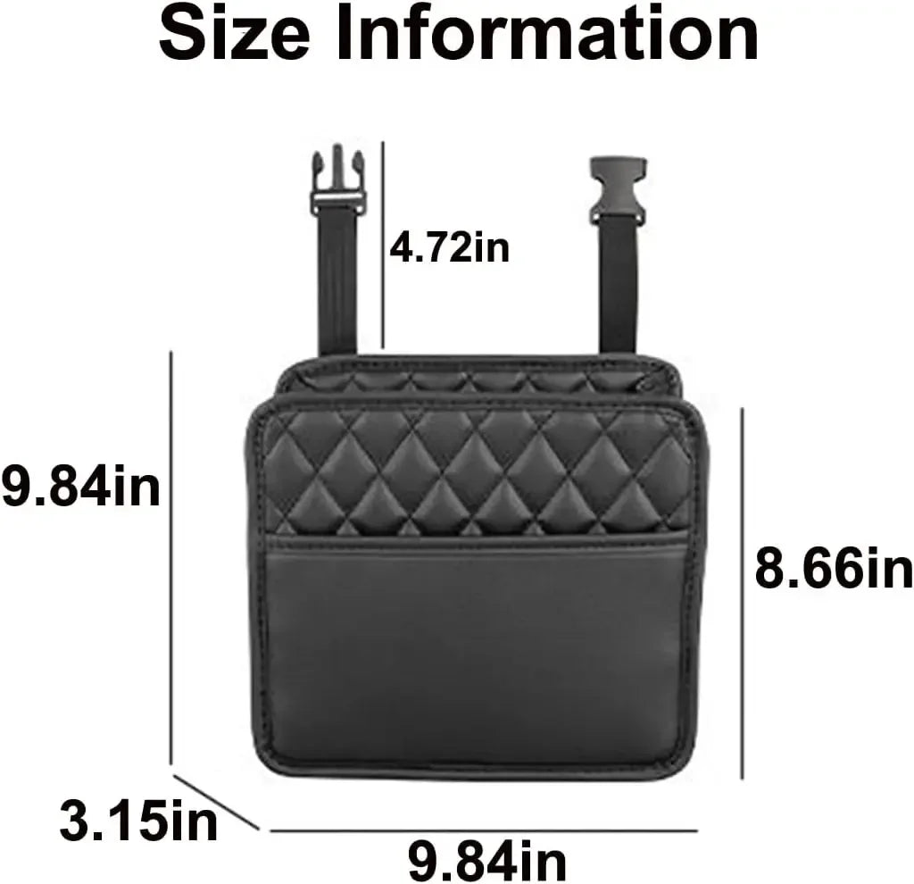 Car seat back organizer size diagram – 9.84×9.84×3.15 in body with 4.72 in adjustable strap