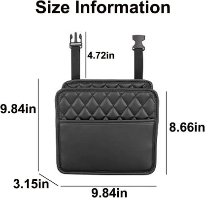 Car seat back organizer size diagram – 9.84×9.84×3.15 in body with 4.72 in adjustable strap