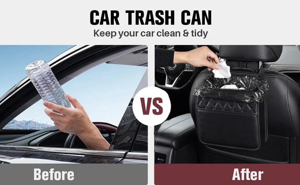 Before and after – throwing trash from car window vs. using seat back organizer as car trash can