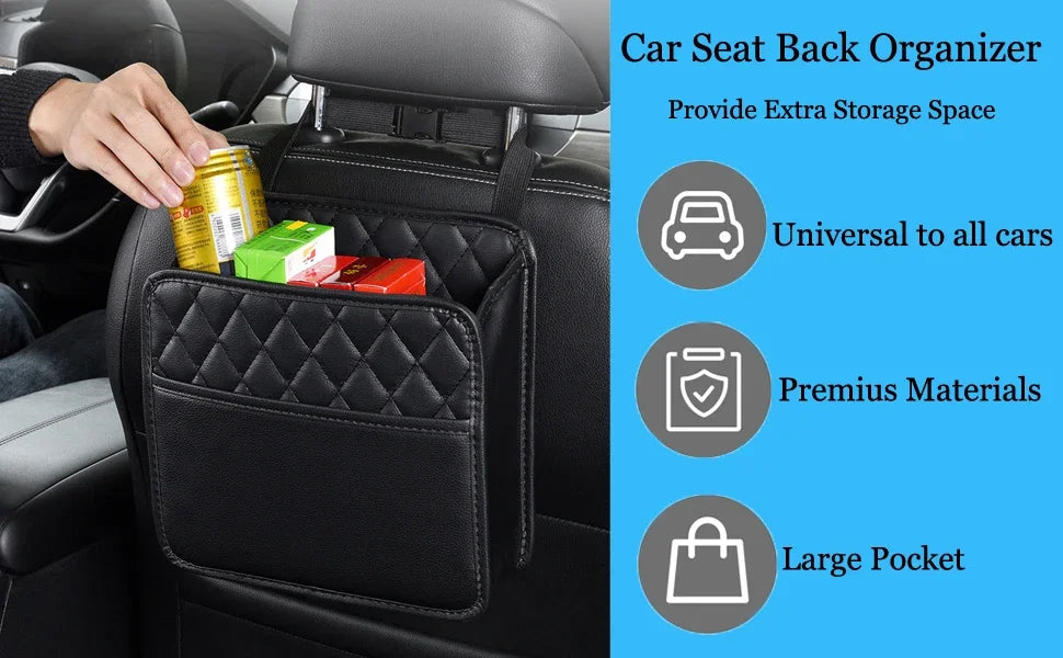 Seat back organizer feature infographic – universal fit, premium materials, large storage pocket
