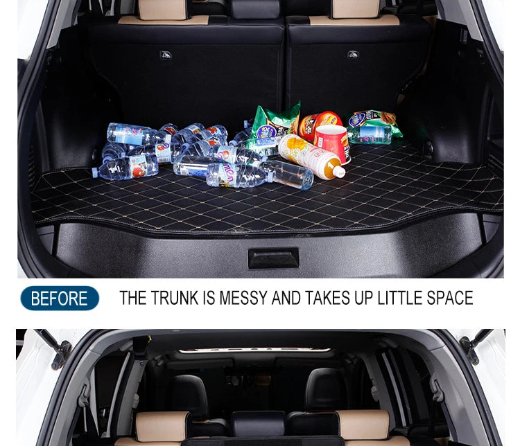 Before and after – messy car trunk vs. organized trunk with PU leather storage box