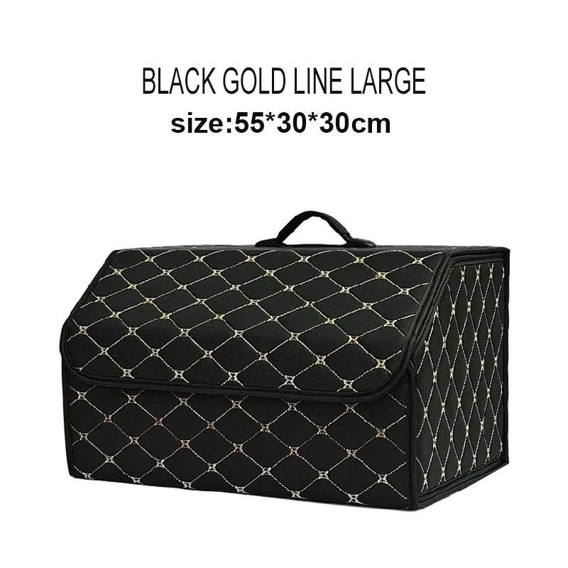 Black gold line large PU leather trunk organizer – wide storage box with handle