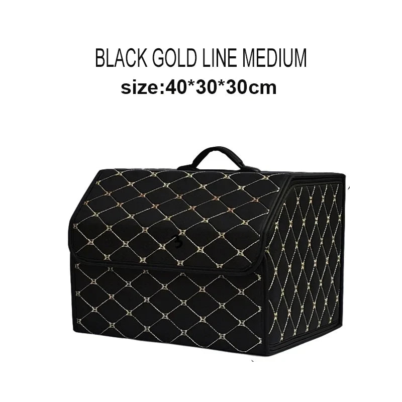 Black gold line medium PU leather trunk organizer – quilted diamond pattern