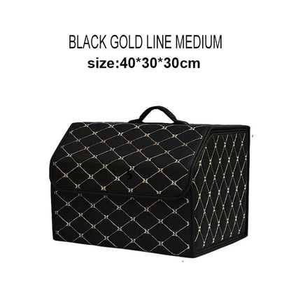 Black gold line medium PU leather trunk organizer – quilted diamond pattern