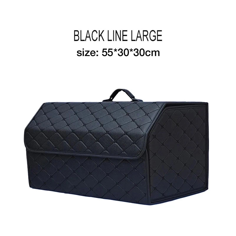 Black line large PU leather trunk organizer – spacious quilted storage box