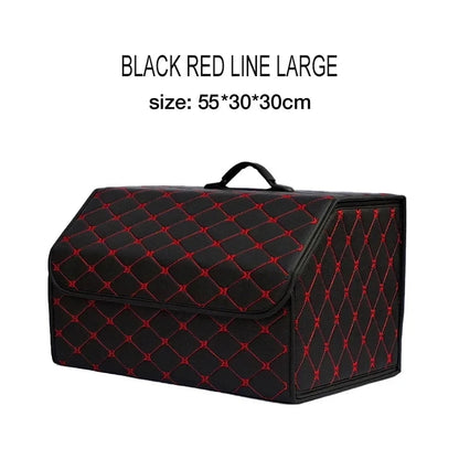 Black red line large PU leather trunk organizer – bold red diamond stitching