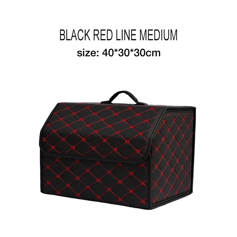 Black red line medium PU leather trunk organizer – compact with red stitching