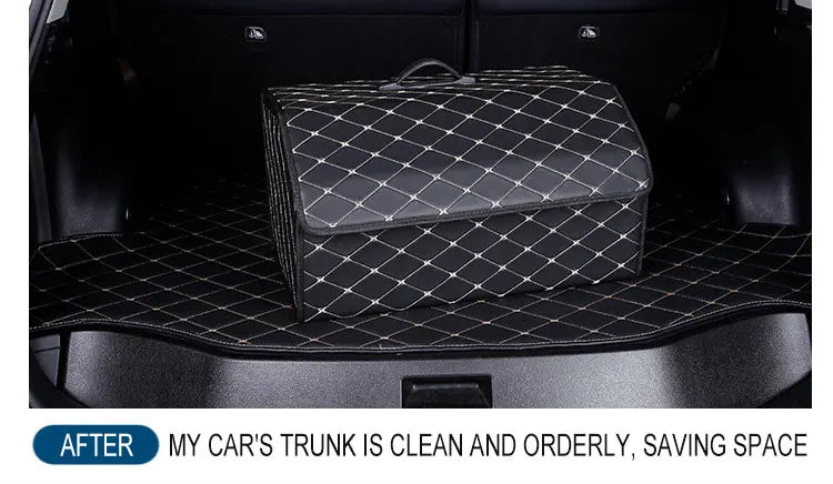 PU leather car trunk organizer placed neatly in clean vehicle cargo area