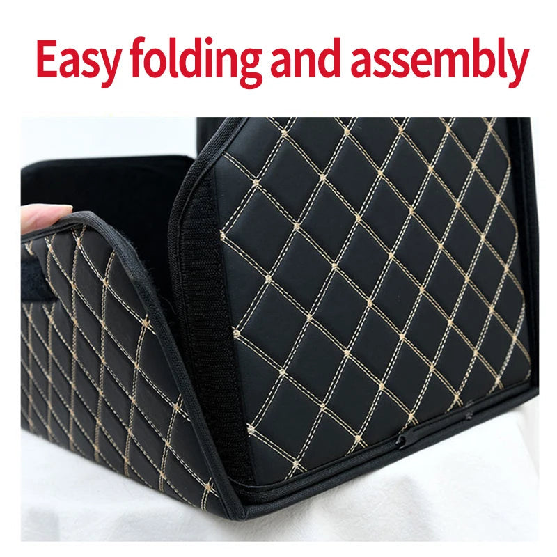 Hands assembling foldable PU leather trunk organizer box from flat to open