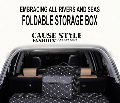 PU leather foldable trunk organizer placed in rear cargo area of black SUV