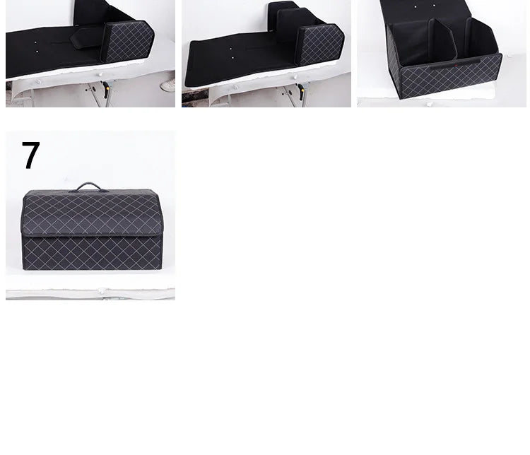 Assembly steps 4 through 7 showing final assembled PU leather trunk organizer