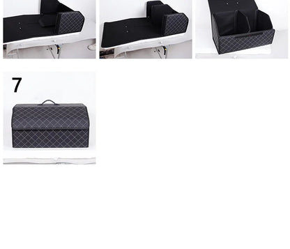 Assembly steps 4 through 7 showing final assembled PU leather trunk organizer
