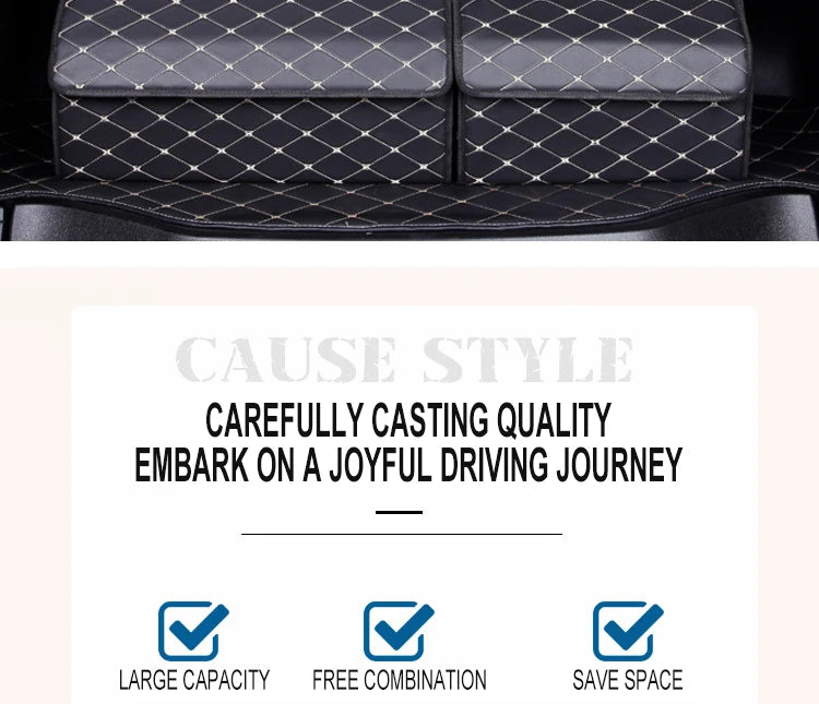 Trunk organizer feature icons – large capacity, free combination, space saving