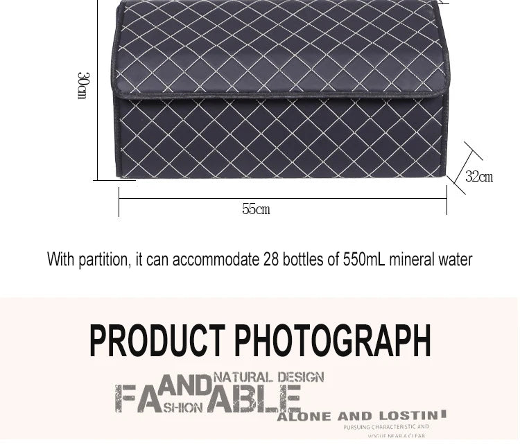 Large size trunk organizer dimensions – 21.7×8.7×11.8 in, fits 28 water bottles