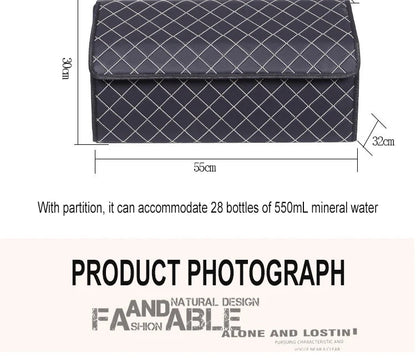 Large size trunk organizer dimensions – 21.7×8.7×11.8 in, fits 28 water bottles