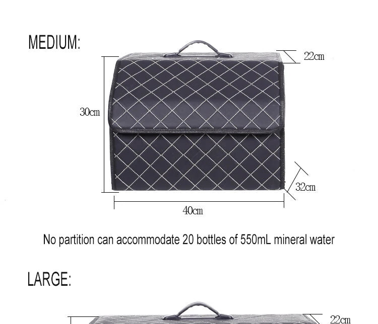 Medium size trunk organizer dimensions – 15.7×8.7×11.8 in, fits 20 water bottles
